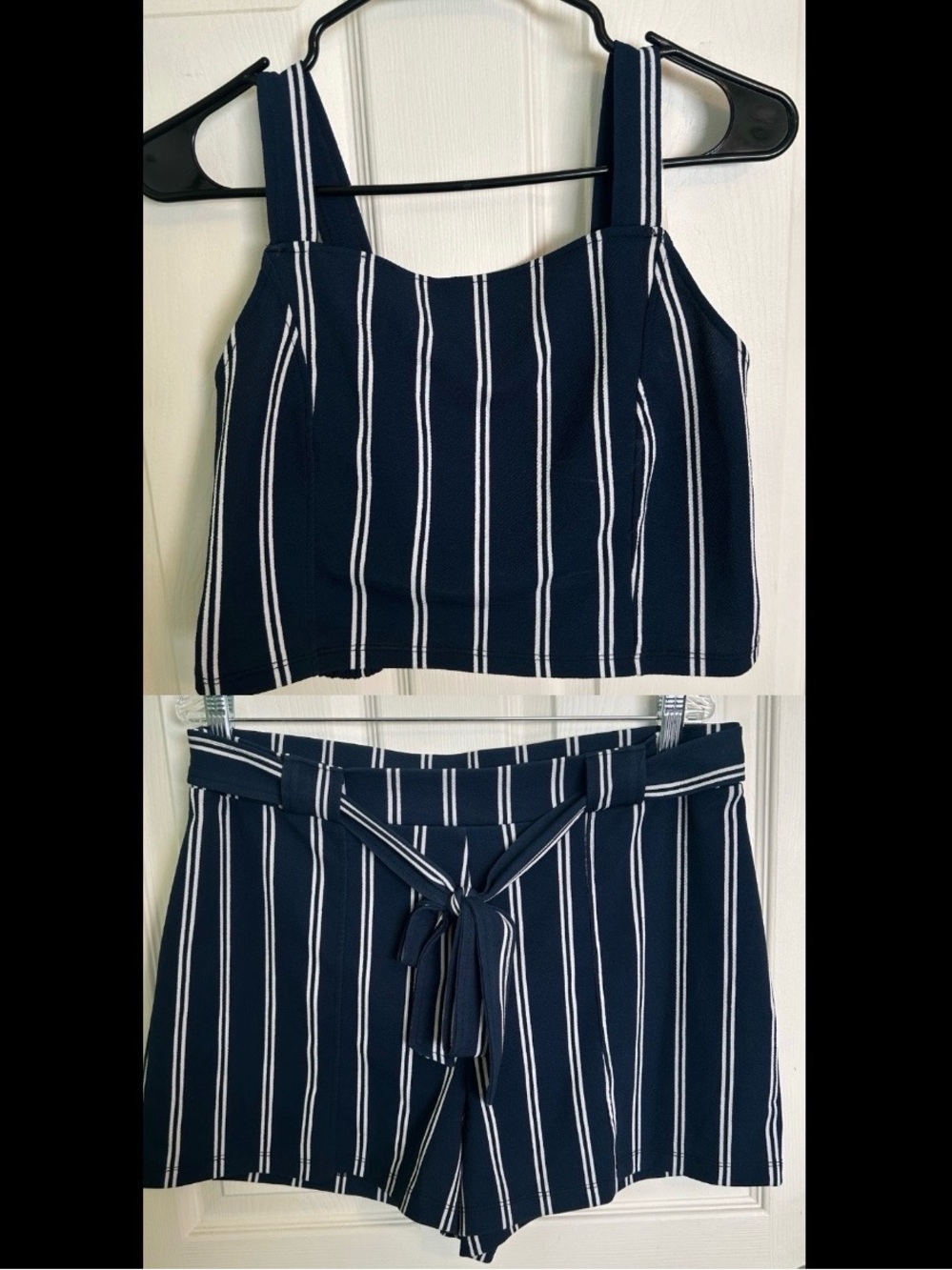 No Boundaries Navy & White Striped Crop Top with Tie-Waist Shorts Set